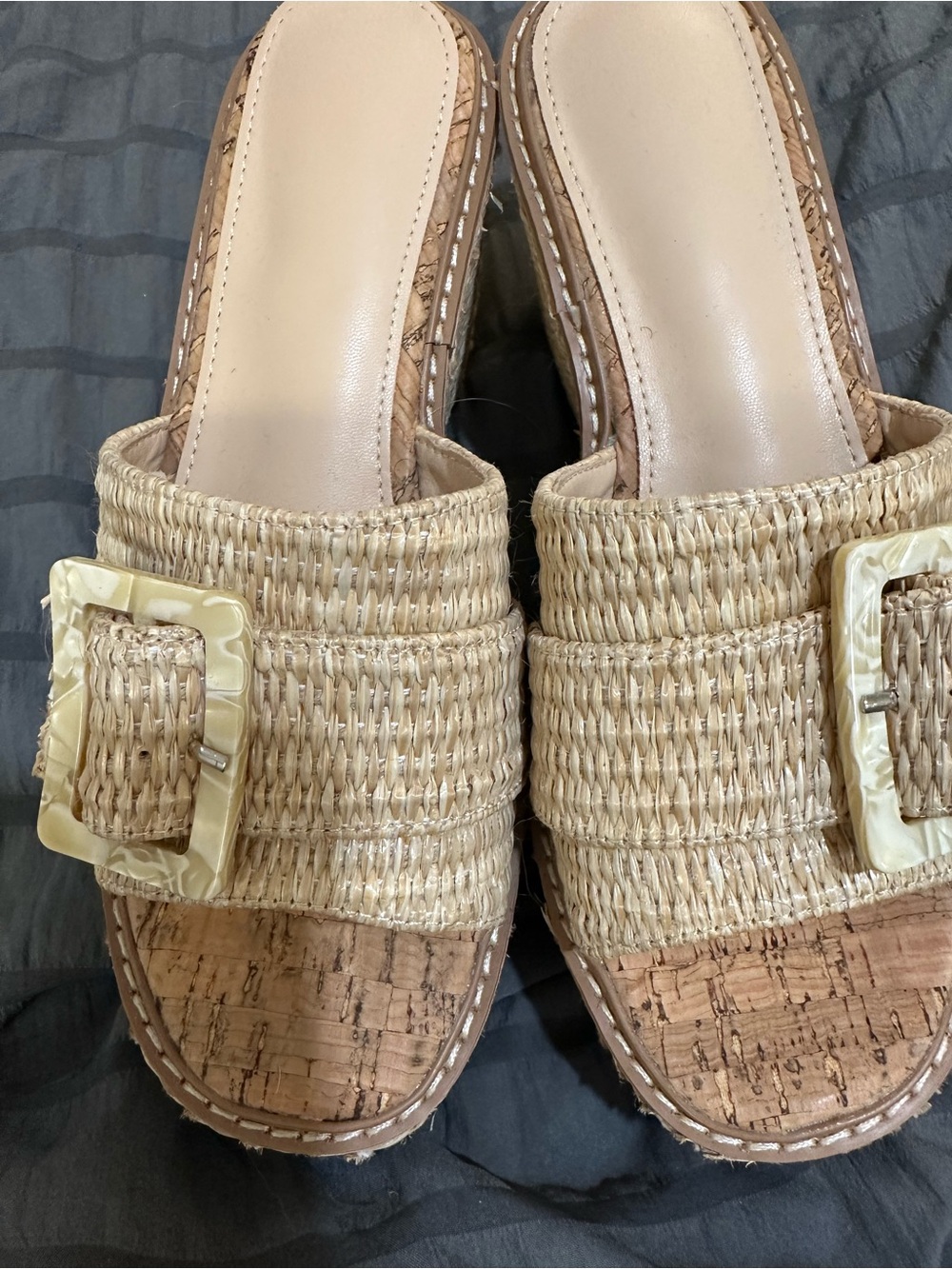 Woven Slide Sandals with Buckle - Natural